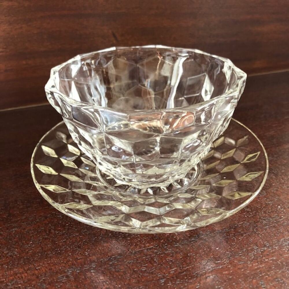 Vintage Clear Depression Glass Cube Pattern Bowl and Saucer